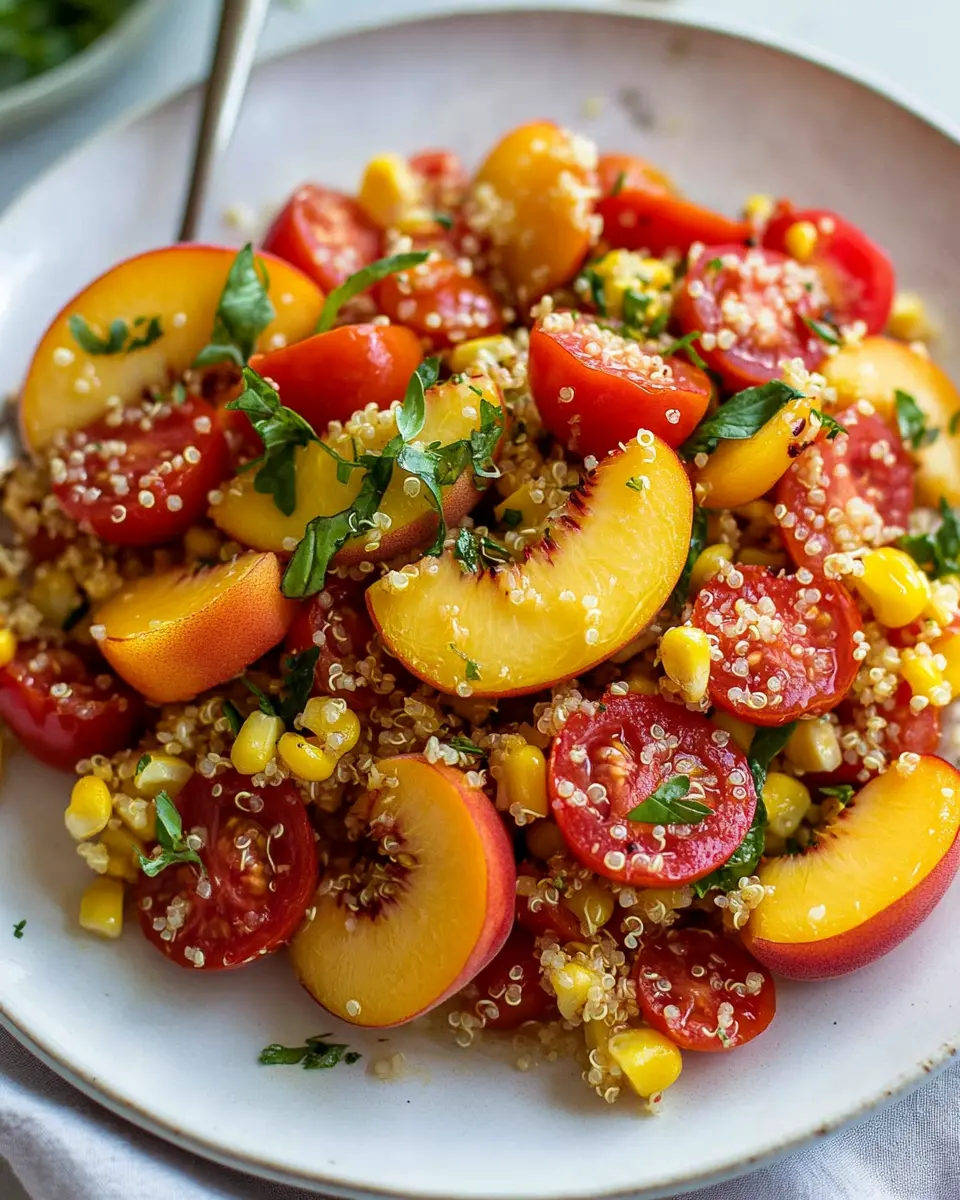 Sweet Corn, Peach and Tomato Salad with Crispy Quinoa First Image