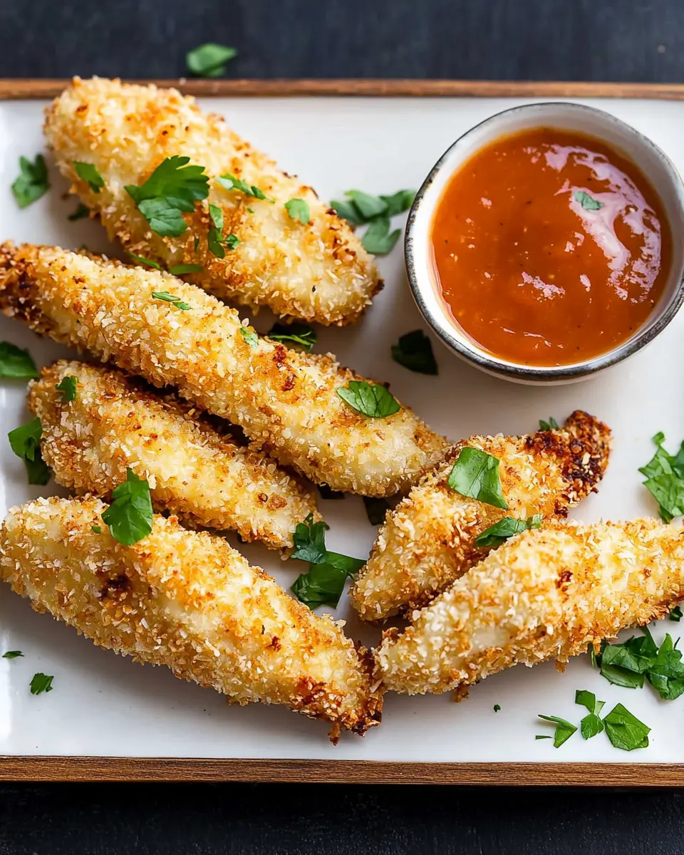 Chicken tenders with crunchy coconut crumb First Image First Image