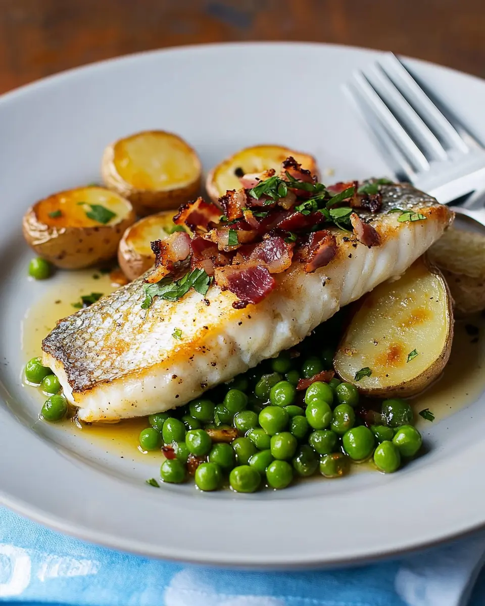Sea bass with peas, bacon and potatoes First Image First Image