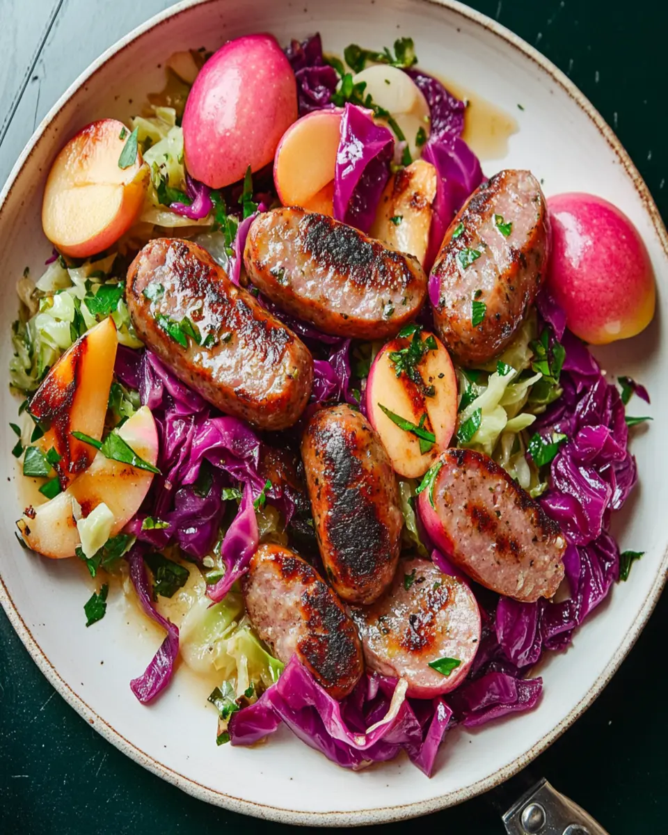 Seared Sausage with Cabbage and Pink Lady Apples First Image First Image