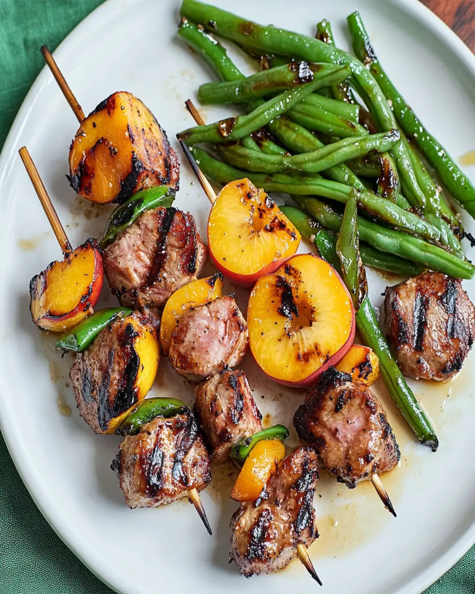 Pork and Peach Kebabs with Grilled Green Beans First Image First Image