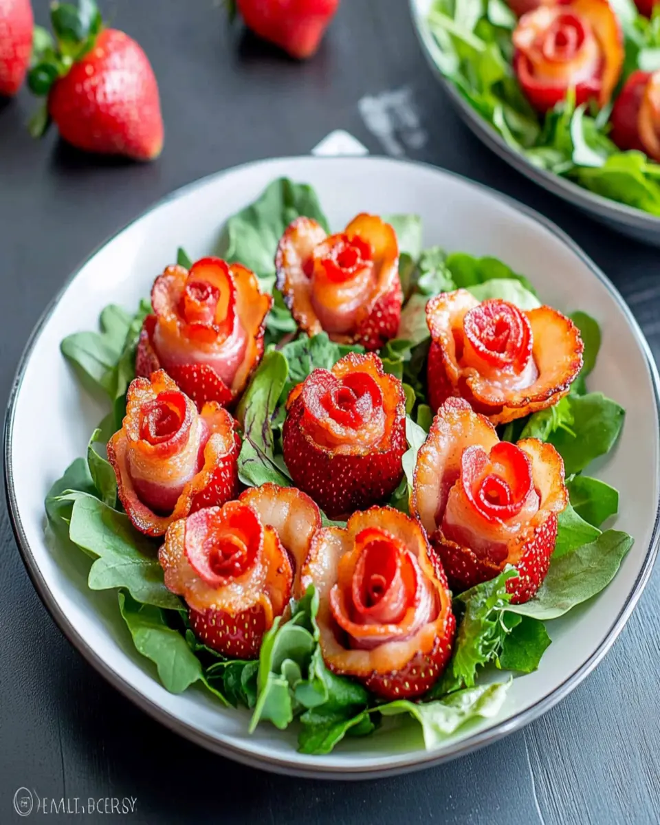 Valentine’s Day Salad with Bacon Roses and Strawberry Hearts First Image First Image