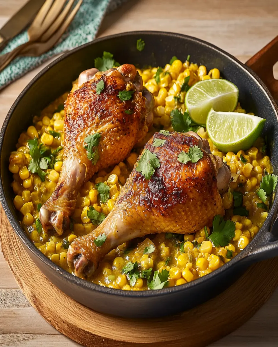 Golden chicken legs over curried corn and coconut First Image First Image