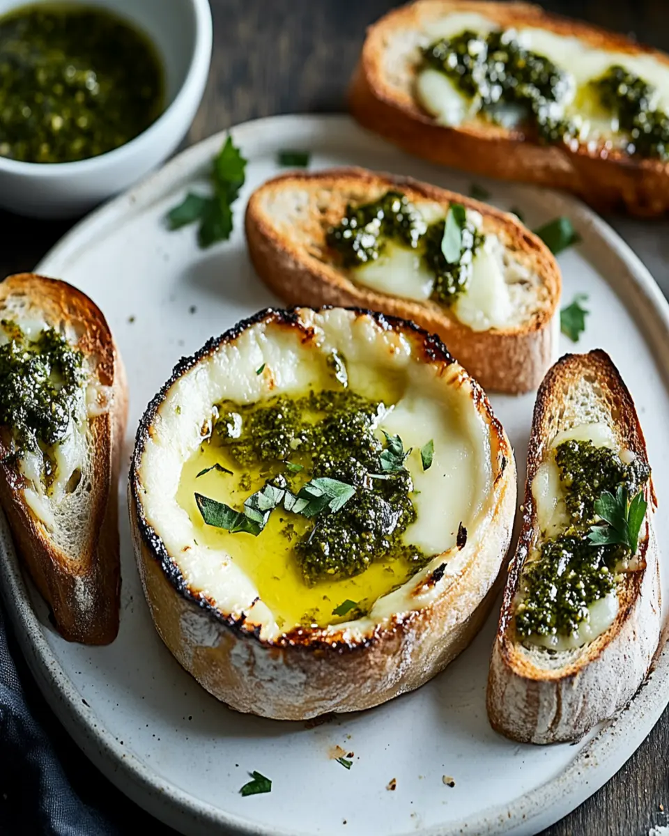 Baked smoked garlic cheese with pesto toasts recipe First Image First Image