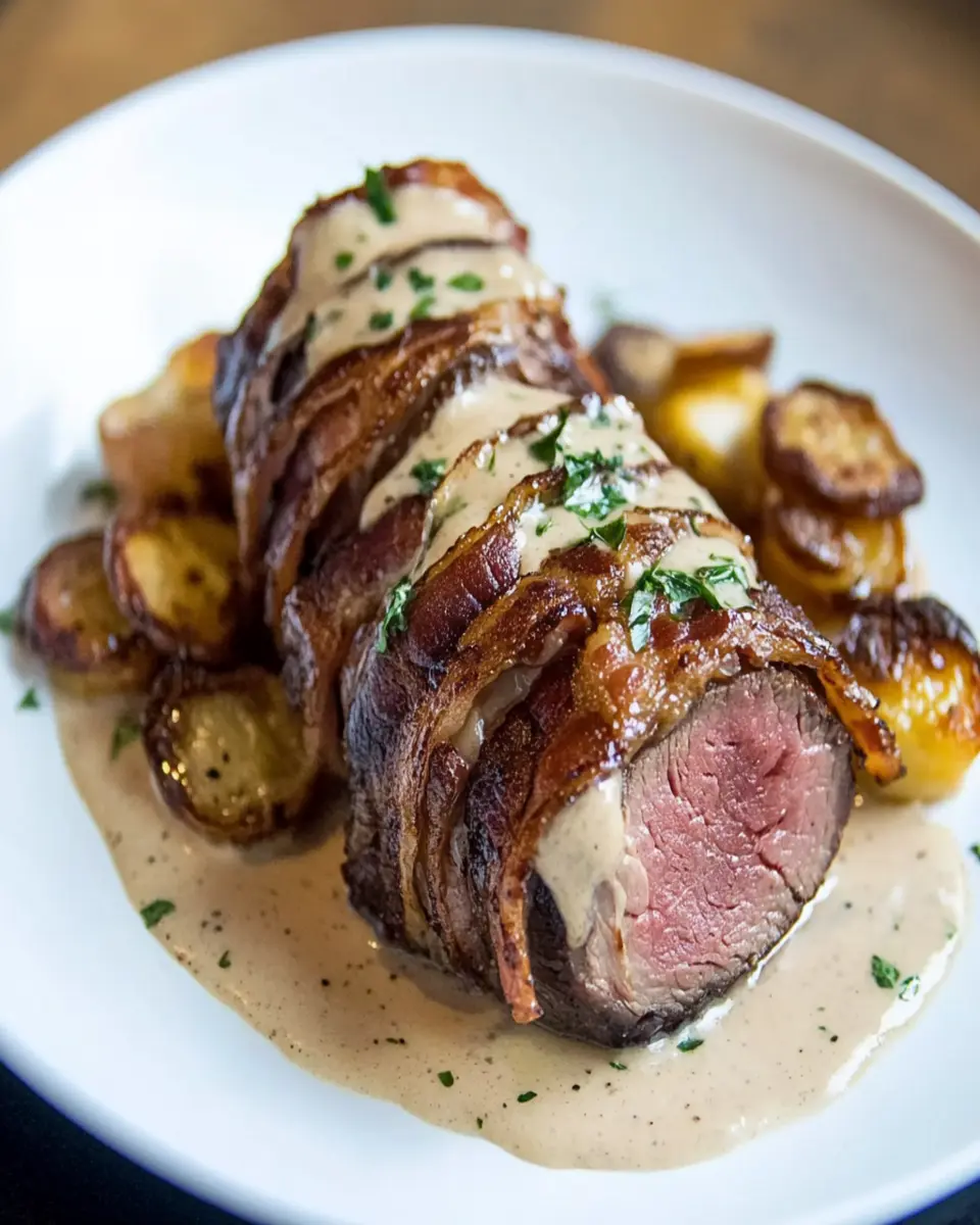 Bacon-Wrapped Venison Tenderloin with Garlic Cream Sauce First Image First Image