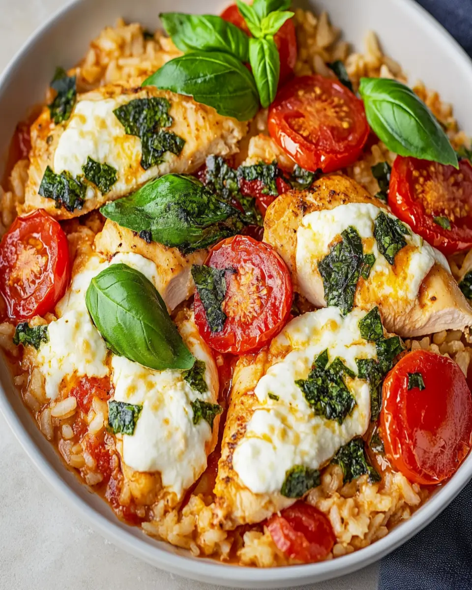 Chicken rice with tomato, basil and mozzarella First Image First Image