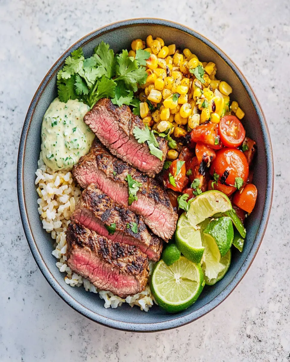 chipotle steak bowls with charred corn salad First Image First Image