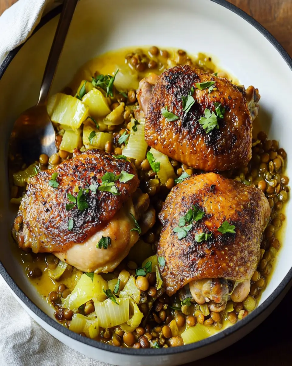 Chicken thighs with curried leeks and lentils First Image First Image