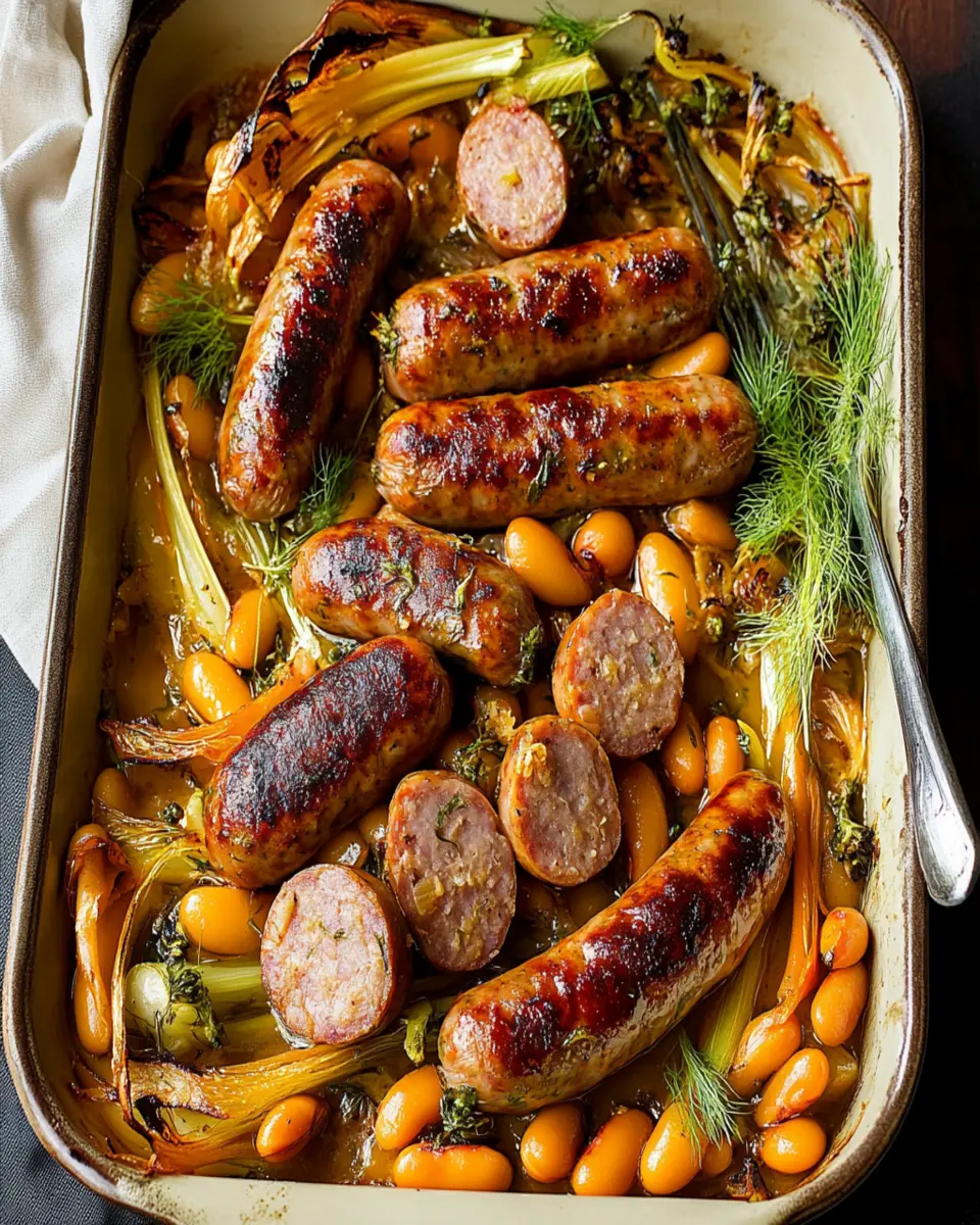 Easy orangey sausage, fennel and bean traybake First Image First Image