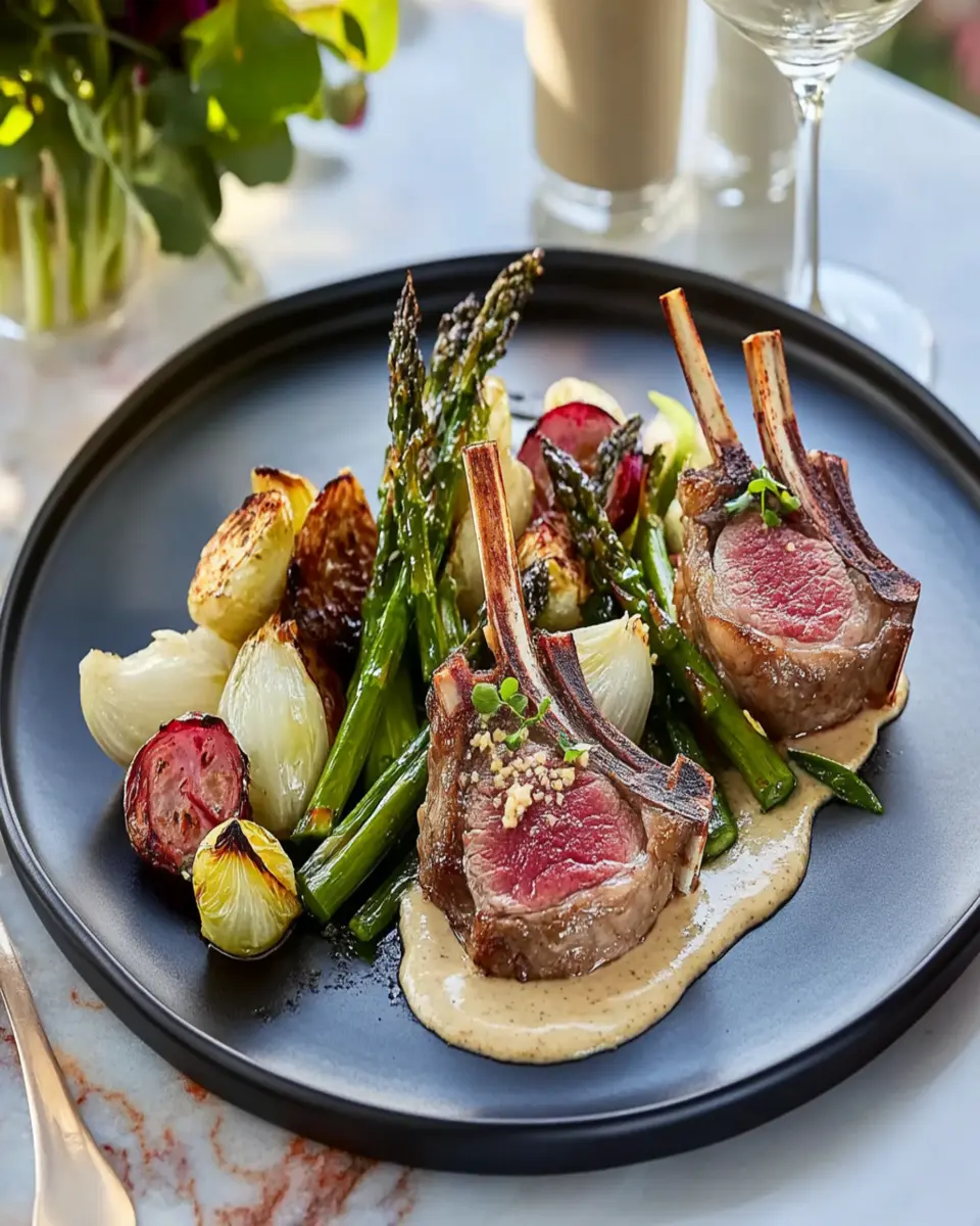 Seared Lamb Chops with Seared Endive, Asparagus, and Tahini Dressing First Image First Image