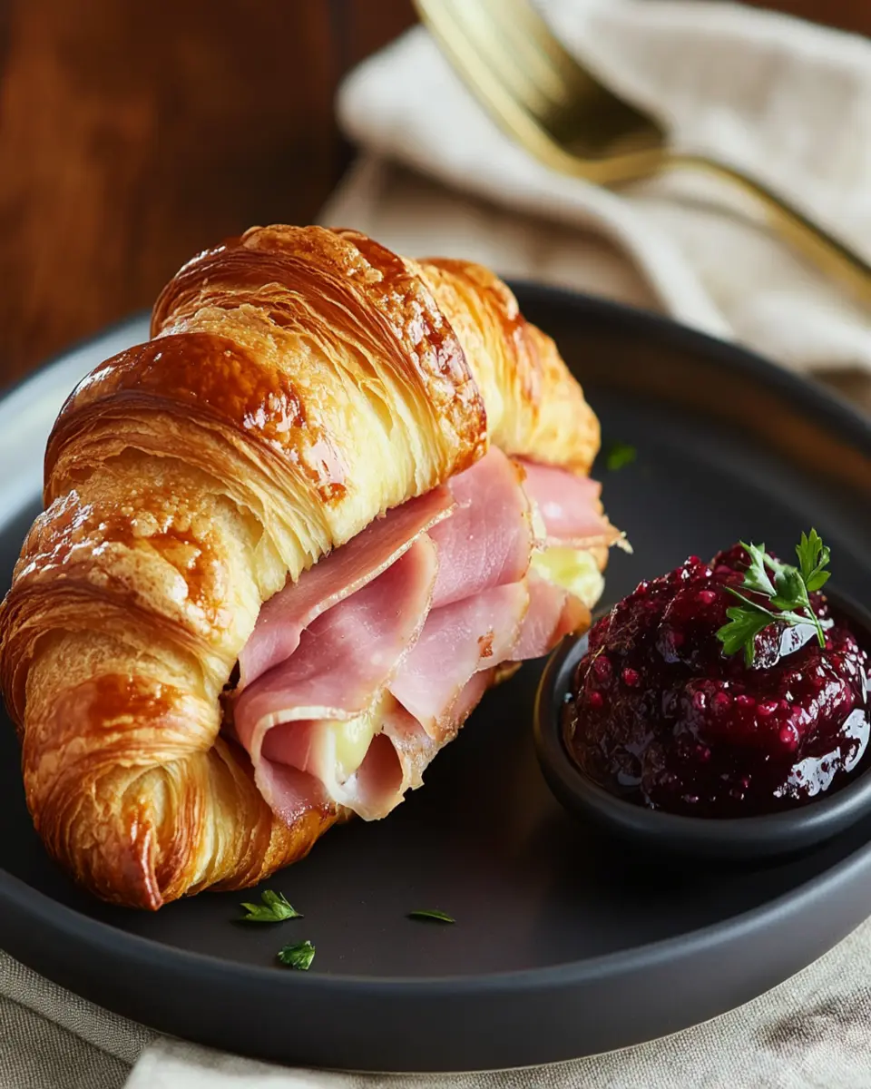 Ham and Brie Croissant Sandwich with Sour Cherry Spread First Image First Image
