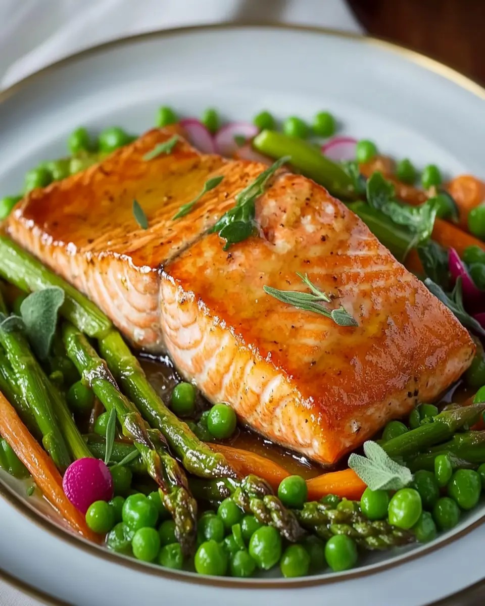 Roasted Honey-Dijon Salmon with Spring Vegetables First Image First Image