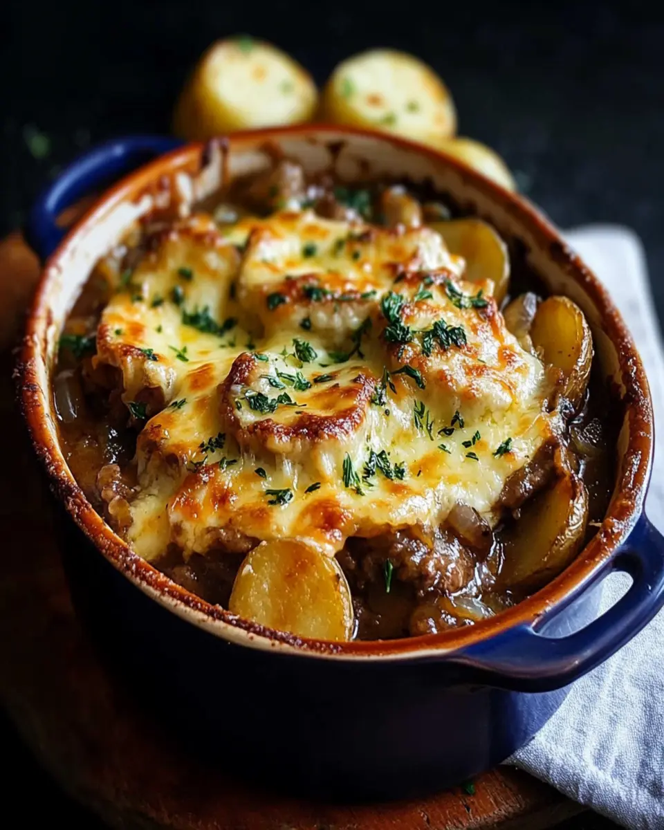 French Onion Beef Casserole with Garlic Butter Potatoes First Image First Image