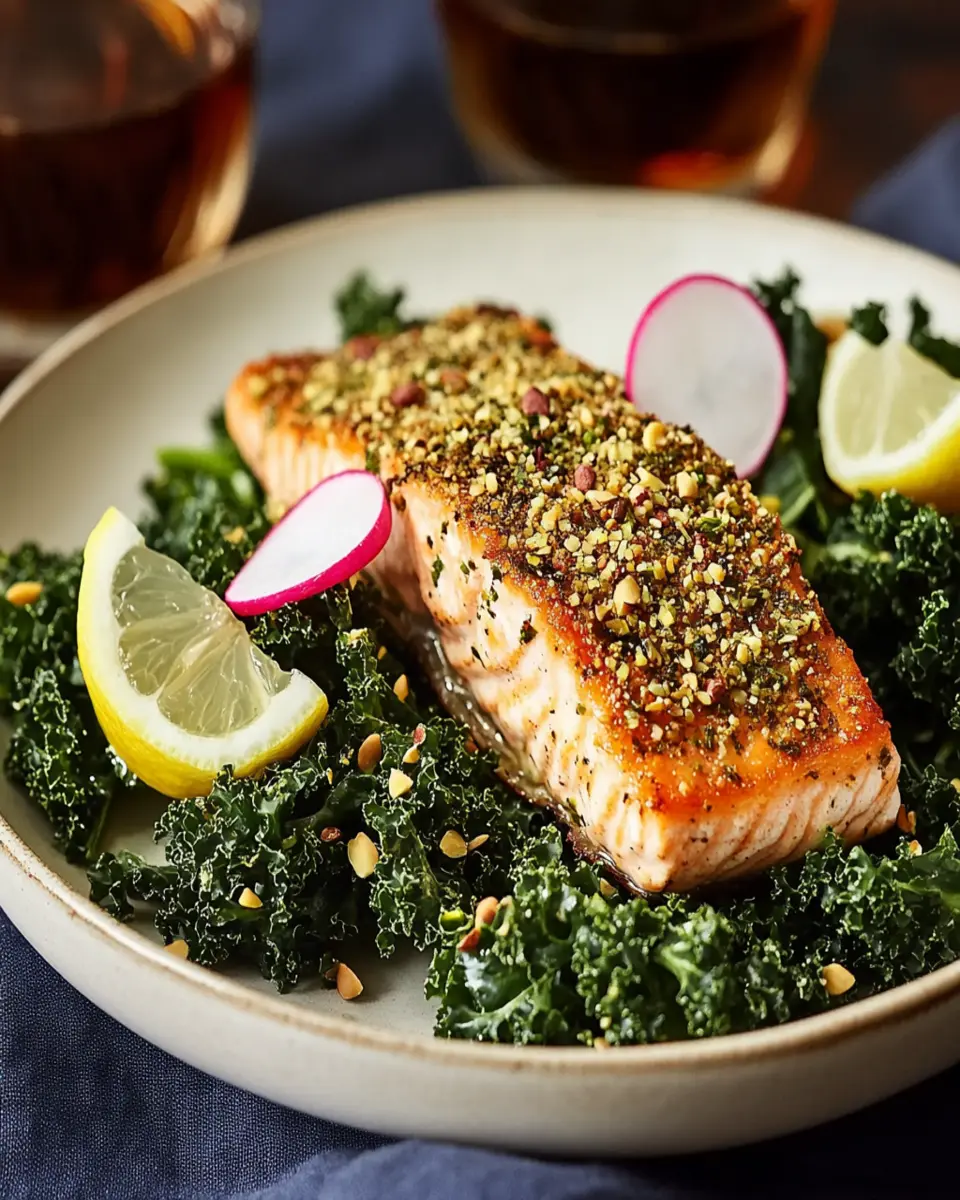 Pistachio-Crusted Salmon with Kale Salad First Image First Image