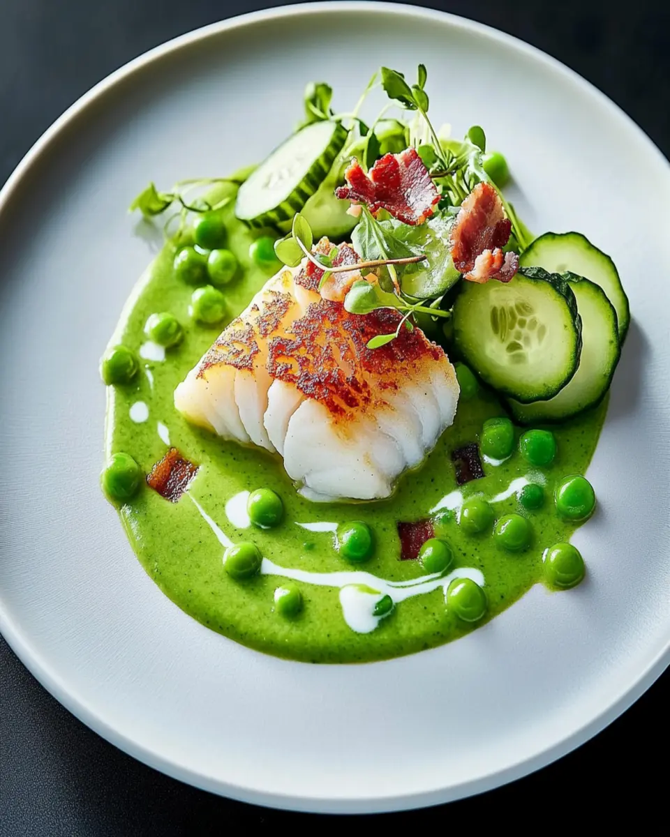 Cod with Creamy Pea Soup, Bacon and Cucumber Salad First Image First Image