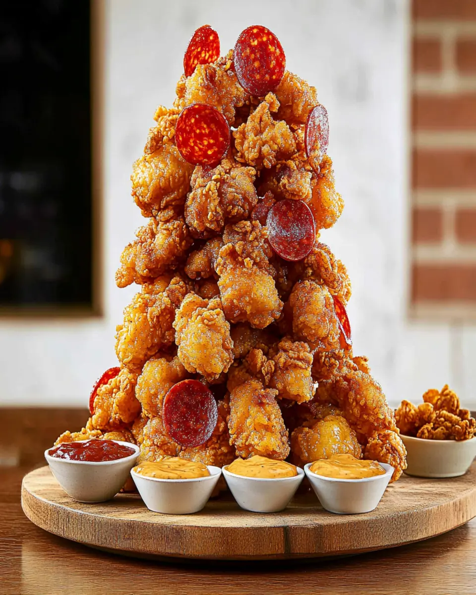 Honey Butter Popcorn Chicken Tower with Crispy Pepperoni Recipe First Image First Image