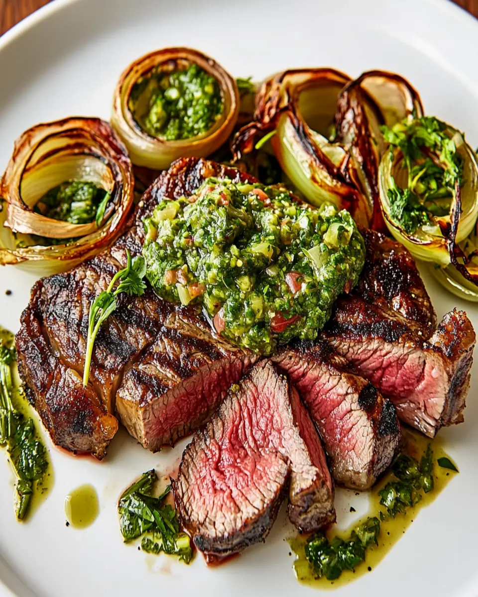 Rib Eye with Charred Spring Onions and Salsa Verde First Image First Image