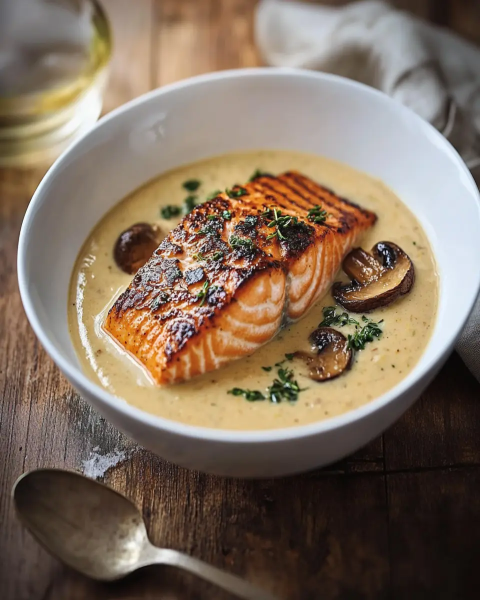 Cream of Mushroom Soup with Seared Salmon First Image First Image
