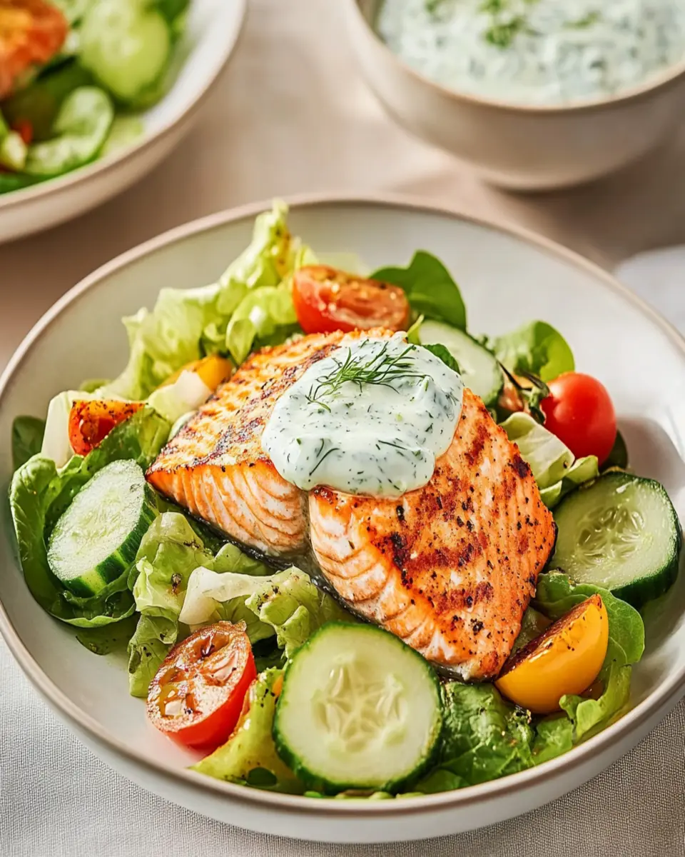 Grilled Salmon with Salad and Herbed Yogurt First Image First Image