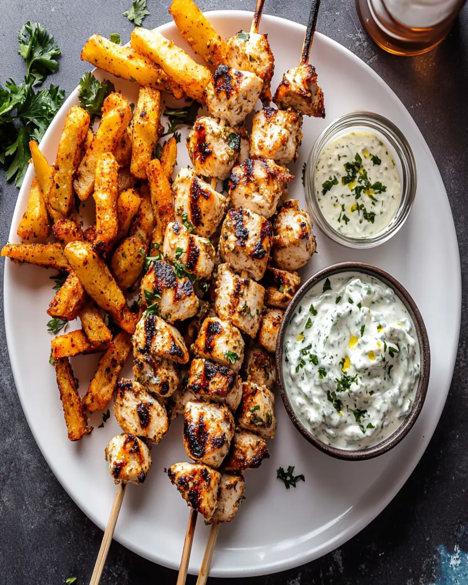 Chicken Tzatziki Skewers with Feta Fries First Image
