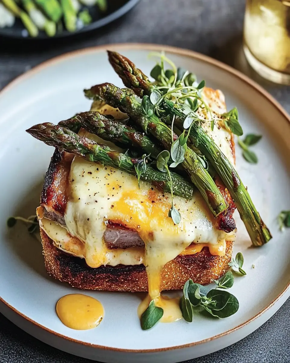 Porchetta and Asparagus Croque Madame with Cheddar Mornay Sauce First Image First Image