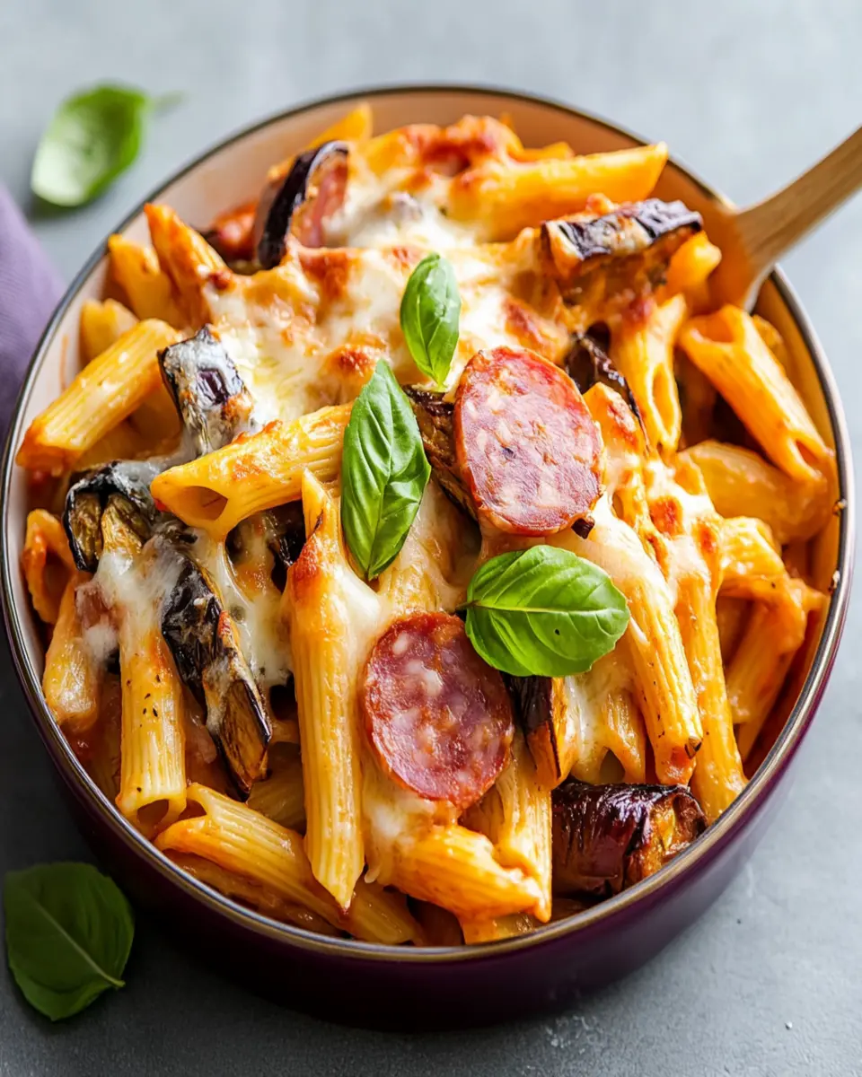 Baked Penne with Cottage Cheese, Eggplant and Salami First Image First Image