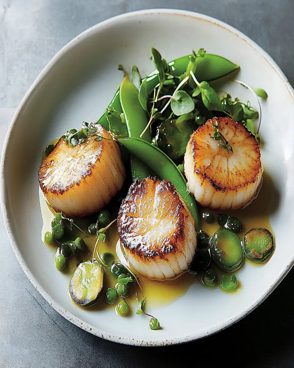 Butter-Basted Scallops with Spring Greens and Snap Peas First Image First Image